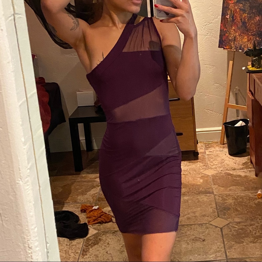 Purple off the shoulder form fitting cocktail dress